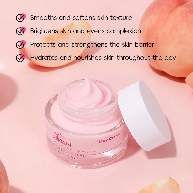Jar of pink day cream with open lid, surrounded by peaches. Listed benefits: smoothing skin texture and complexion, strengthening skin barrier, hydrating throughout the day.